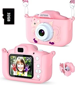 ASTGMI Appareil Photo pour Enfants, 2.0 Pouces Enfant Appareil Photo Numérique, Mini Caméra Enfant Rechargeable Caméscope Cadeau Jouet Filles Garçons de 3 à 10 Ans, vidéo HD 1080p, 32G SD Carte (Rose)